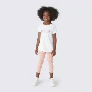 Conjunto De Camiseta Inscrições & Legging Floral<BR>- Branco & Rosa Claro<BR>- Hering Kids