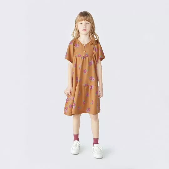 Vestido Floral- Marrom Claro & Rosa Escuro- Hering Kids