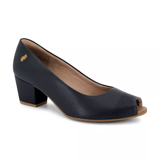 Peep Toe Em Couro -  Azul Marinho -  Salto: 5,5cm - Usaflex