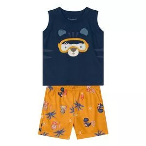 Conjunto De Regata & Bermuda Bichinhos<BR>- Azul Marinho & Laranja Escuro