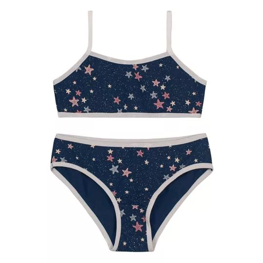 Conjunto De Top & Calcinha Boneca Estrelinhas- Azul Marinho & Rosa