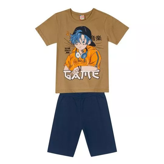 Conjunto De Camiseta Anime e Bermuda- Marrom Claro & Azul Marinho