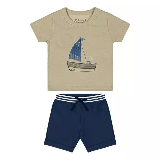 Conjunto De Camiseta & Bermuda Barquinho- Bege & Azul Marinho