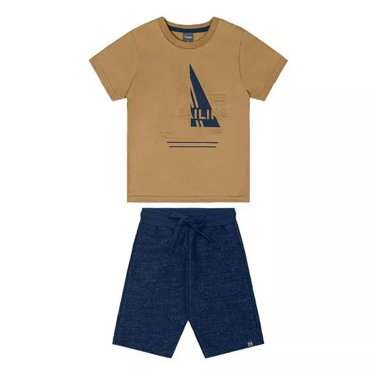 Conjunto De Camiseta Sailing & Bermuda- Bege & Azul Marinho