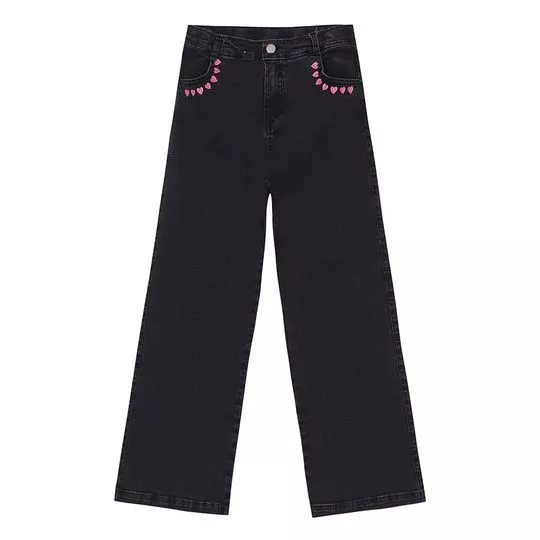 Calça Jeans Com Bordados- Preta & Rosa