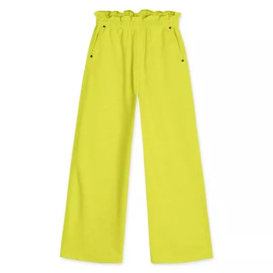 Calça Pantalona Com Franzidos- Verde Limão- Marisol