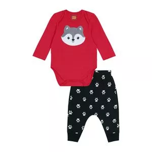 Conjunto De Body Com Aplicação & Calça Jogger Patinhas<BR>- Vermelho & Preto