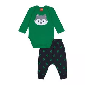 Conjunto De Body Com Aplicação & Calça Jogger Patinhas<BR>- Verde Escuro & Preto