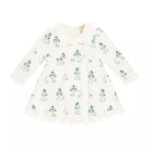 Vestido Árvores Com Franzidos<BR>- Branco & Verde