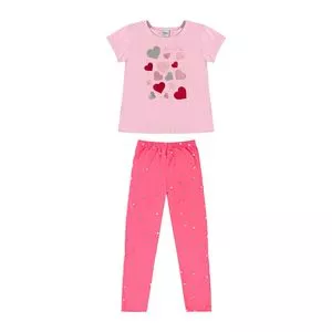 Conjunto De Blusa Corações & Legging Com Aplicação<BR>- Rosa Claro & Rosa