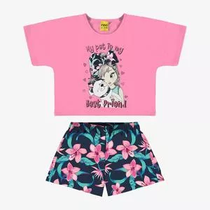 Conjunto De Blusa & Short Floral<BR>- Rosa & Azul Marinho<BR>- Rovitex