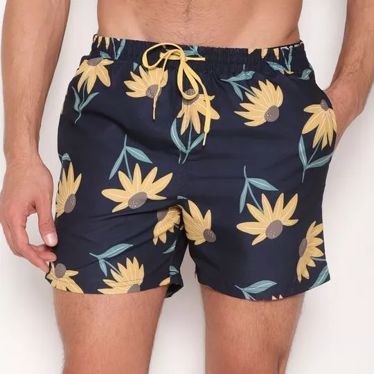 Short D'Água Floral- Azul Marinho & Amarelo