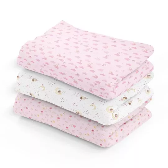 Kit De Cueiros Flanelados- Rosa & Branco- 3Pçs- 84 Fios