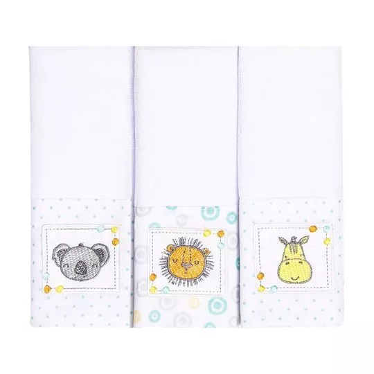 Kit De Paninhos De Boca Com Animais- Branco & Azul Claro- 3Pçs- 106 Fios