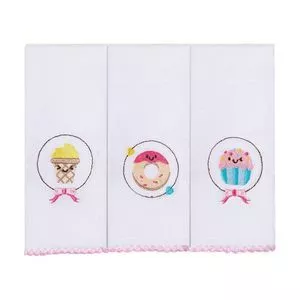 Kit De Paninhos De Boca Papizinha<BR>- Branco & Rosa<BR>- 3Pçs