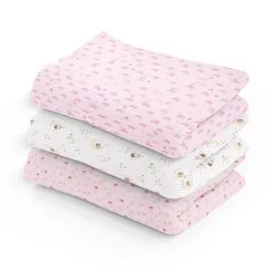 Kit De Cueiros Flanelados<BR> - Rosa & Branco<BR> - 3Pçs<BR> - 84 Fios<BR> - Papi