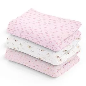 Kit De Cueiros Flanelados<BR>- Rosa Claro & Branco<BR>- 3Pçs<BR>- 84 Fios<BR>- Papi