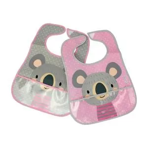 Kit De Babador Impermeável Coala Com Bolso<BR>- Rosa Claro & Cinza<BR>- 2Pçs<BR>- Clingo