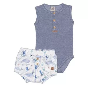 Conjunto De Body & Short Polvo<BR>- Azul & Off White<BR>- Pinoti Baby & Kids