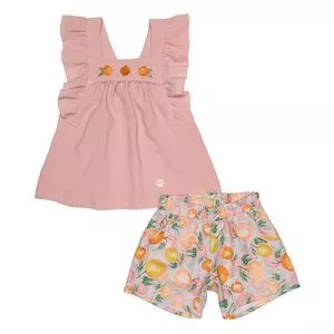 Conjunto De Blusa Com Bordado & Short<BR>- Rosa Claro & Amarelo<BR>- Pinoti Baby & Kids