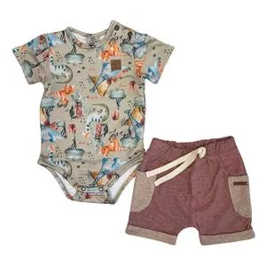 Conjunto De Body Dinossauros & Bermuda<BR>- Verde Oliva & Bordô<BR>- Pinoti Baby & Kids