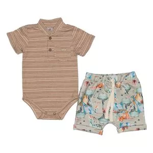 Conjunto De Body Listrado & Short Em Moletom<BR>- Marrom Claro & Bege Claro<BR>- Pinoti Baby & Kids