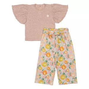 Conjunto De Blusa & Calça Reta Com Linho<BR>- Marrom Claro & Amarelo<BR>- Pinoti Baby & Kids