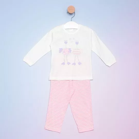 Pijama Avestruzes- Off White & Rosa- Bicho Molhado