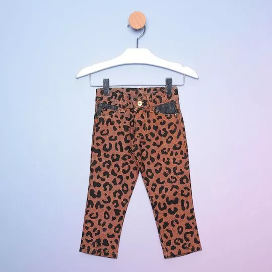 Calça Reta Jeans Animal Print- Marrom & Preta- Bicho Molhado