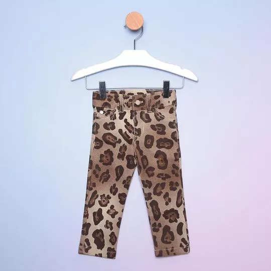 Calça Reta Em Sarja Animal Print- Marrom & Marrom Escuro- Bicho Molhado