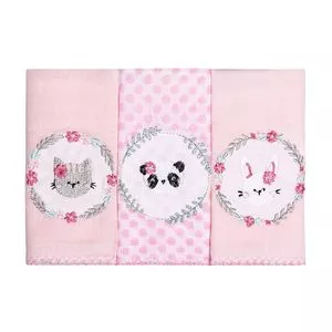 Kit De Paninhos De Boca Com Animais<BR>- Branco & Rosa<BR>- 3Pçs<BR>- 106 Fios