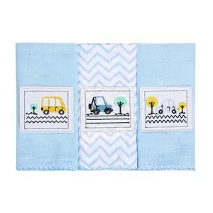 Kit De Paninhos Com Carros<BR>- Branco & Azul<BR>- 3Pçs<BR>- 106 Fios