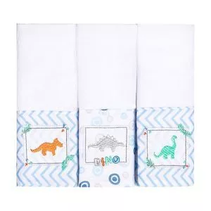 Kit De Paninhos De Boca Com Dinossauros<BR>- Branco & Azul<BR>- 3Pçs<BR>- 106 Fios