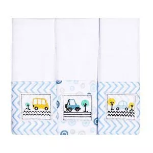 Kit De Paninhos Com Carros<BR>- Branco & Azul<BR>- 3Pçs<BR>- 106 Fios