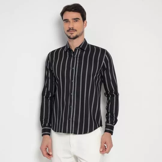 Camisa Slim Fit Listrada- Preta & Cinza Escuro