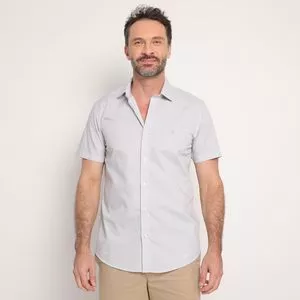 Camisa Slim Fit Listrada<BR>- Off White & Cinza