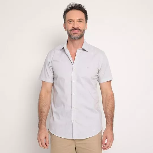 Camisa Slim Fit Listrada- Off White & Cinza