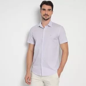 Camisa Slim Fit Listrada<BR>- Off White & Lilás