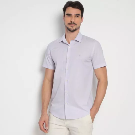 Camisa Slim Fit Listrada- Off White & Lilás