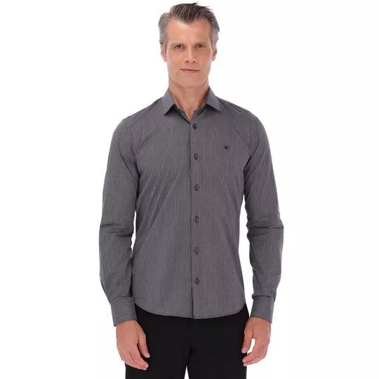 Camisa Slim Fit Listrada- Preta & Cinza Escuro