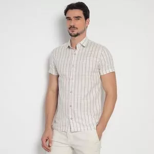 Camisa Slim Fit Listrada<BR>- Cinza Claro & Branca