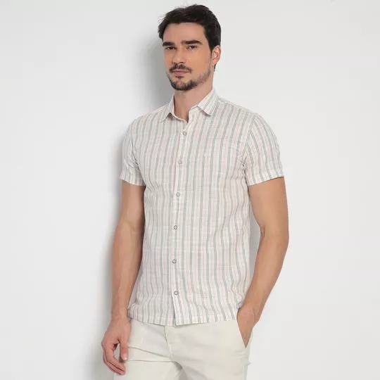 Camisa Slim Fit Listrada- Cinza Claro & Branca