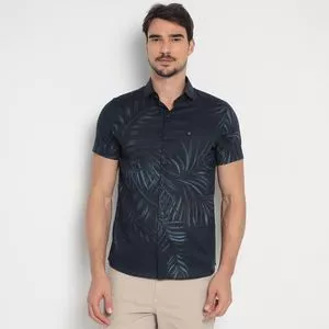 Camisa Slim Fit Folhagens<BR>- Azul Marinho & Azul Claro