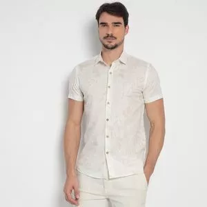 Camisa Slim Fit Folhagens<BR>- Off White & Bege