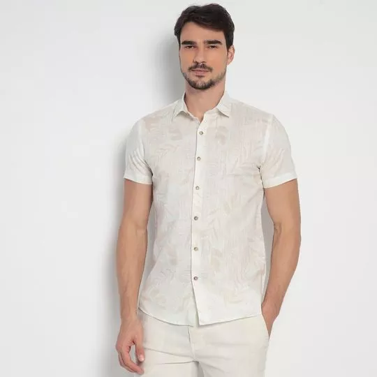 Camisa Slim Fit Folhagens- Off White & Bege