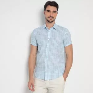 Camisa Slim Fit Xadrez<BR>- Azul Claro & Azul