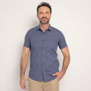 Camisa Slim Fit Xadrez<BR>- Azul Escuro & Azul Marinho