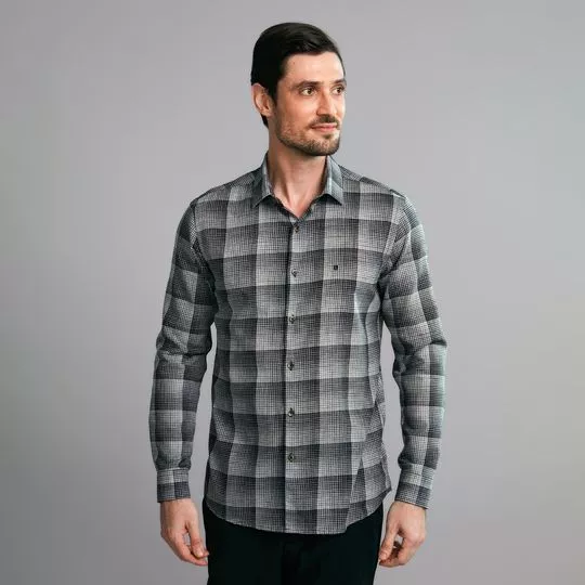 Camisa Slim Fit Com Bordado- Preta & Cinza Escuro- HSTL