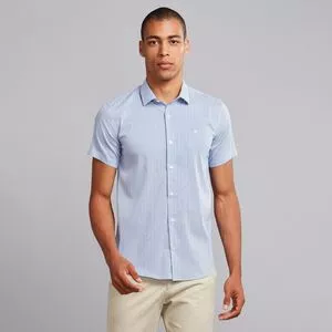 Camisa Slim Fit Listrada<BR>- Azul & Branca