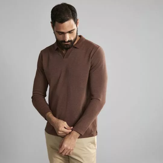 Polo Slim Fit Listrada- Marrom Escuro